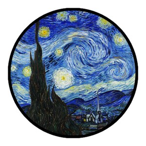 May include: Round artwork featuring a vibrant depiction of Van Gogh's "Starry Night." The painting showcases swirling blue skies, bright yellow stars, and a dark, textured foreground with a tall, cypress tree. A black border frames the image.