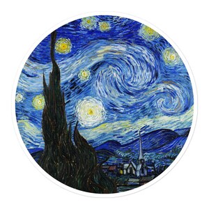 May include: Round sticker featuring a vibrant reproduction of Van Gogh's "Starry Night." The artwork depicts a swirling blue sky filled with yellow stars, a dark tree, and a village. The sticker has a white border.