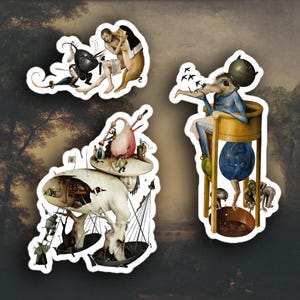May include: Set of four die-cut stickers featuring surrealist art. The stickers depict fantastical figures and scenes with a vintage aesthetic. The color palette includes muted tones of brown, beige, and blue, with accents of red and black.