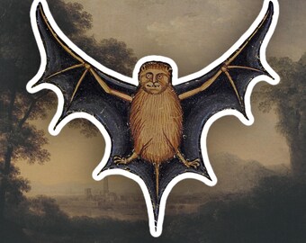 May include: A vintage illustration of a bat with brown fur and black wings against a background of a landscape with trees and a distant town.