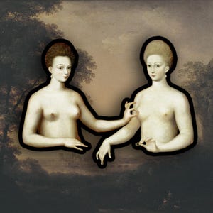 Op de afbeelding: Een artistieke print met twee naakte figuren met donkere contouren, tegen een gedempte landschapsachtergrond. De figuren zijn zo gepositioneerd dat ze interactie suggereren, waarbij de ene figuur de arm van de andere aanraakt. Het kunstwerk roept een klassieke esthetiek op.