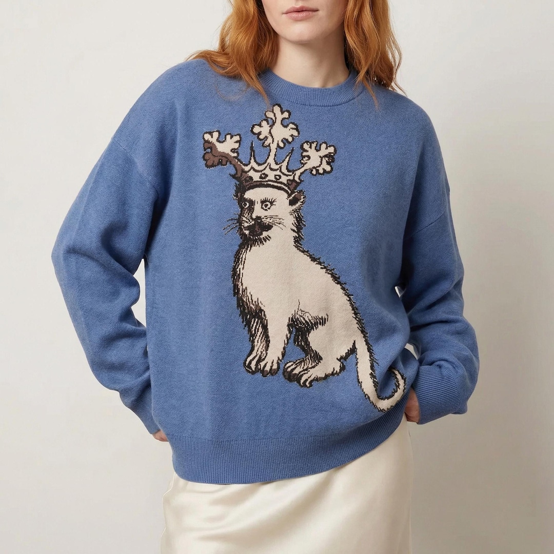 Unisex Knitted Sweater, Relaxed Fit Weird Medieval Cat King