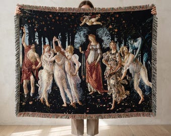 Sandro Botticelli - Manta tejida Primavera, manta de tapiz renacentista de algodón con flecos