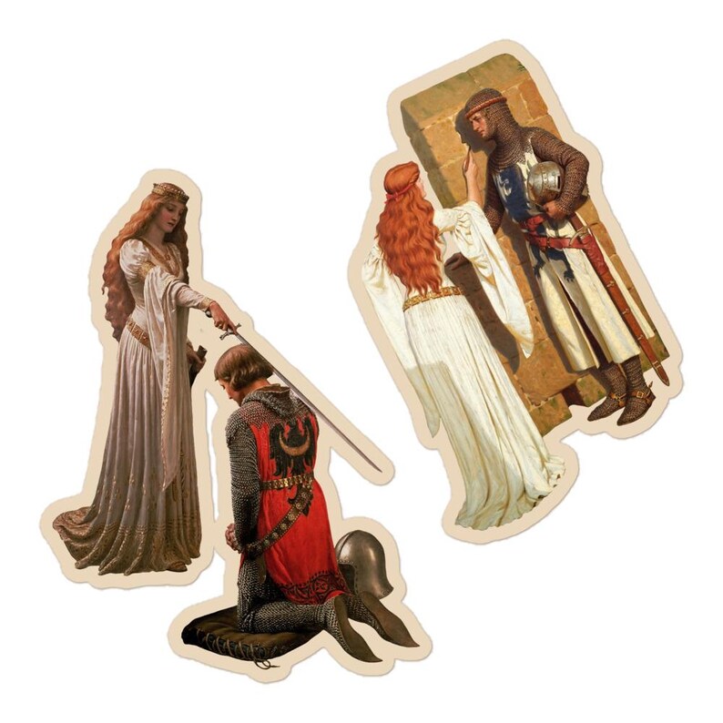 May include: Three sticker designs featuring medieval art. One shows a woman in a white dress handing a sword to a kneeling knight in red and chainmail. Another depicts a woman in white speaking to a knight. The third shows a knight and a woman.