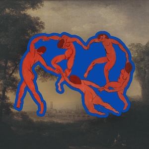 May include: A vibrant blue cutout shape featuring five stylised orange figures in a circular dance, layered over a muted, sepia-toned landscape painting of trees and a distant cityscape. The figures are depicted in motion, holding hands in a ring.