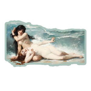 K&ouml;nnte beinhalten: Ein Aufkleber mit einem klassischen Gem&auml;lde von zwei nackten Figuren am Meer. Eine Figur hat langes schwarzes Haar und sitzt, w&auml;hrend die andere mit rotem Haar liegt. Der Hintergrund zeigt Meereswellen in Blau- und Wei&szlig;t&ouml;nen.