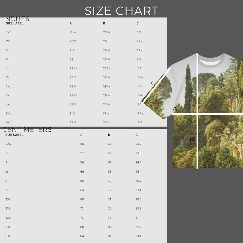 Puede incluir: Una tabla de tallas para una camiseta con un estampado de paisaje. La tabla muestra medidas en pulgadas y cent&iacute;metros para las tallas 2XS a 6XL, etiquetadas como A, B y C. Una vista parcial de la camiseta muestra un jard&iacute;n verde con &aacute;rboles.