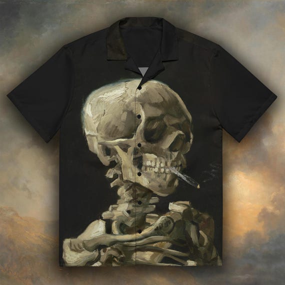 cigarette button up shirt Unisex Vincent Van Gogh - Head of a Skeleton With a Burning Cigarette  Button up Shirt, Art Button up Shirt, Macabre Art Shirt