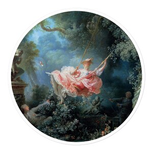 May include: Round sticker featuring a classical painting of a woman on a swing in a lush garden. The woman wears a pink dress and hat. Other figures are in the background. The artwork has a soft, romantic feel.