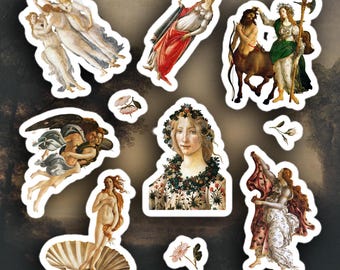 May include: A collection of die-cut stickers featuring classical Renaissance art. The stickers depict various figures, including angels, women, and mythological creatures, in vibrant colors. The stickers are white-bordered and ideal for decorating notebooks, laptops, or other items.