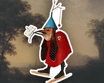 May include: A whimsical illustration of a bird-like creature wearing a blue hat and red cloak, holding a letter that says "To you". The creature is on ice skates and is set against a landscape background.