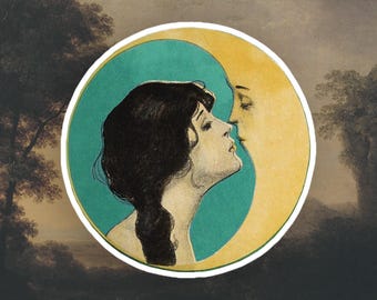 Dear Old Dixie Moon sticker, Woman Kissing Crescent Moon sticker, Art sticker
