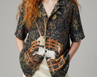 Unisex Unicorn in Captivity button up shirt, Renaissance Art button up shirt