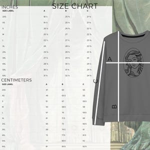 May include: A size chart with measurements in inches and centimetres. The chart includes size labels and corresponding measurements for A, B, and C. A gray sweatshirt with a woman's face graphic is on the right.