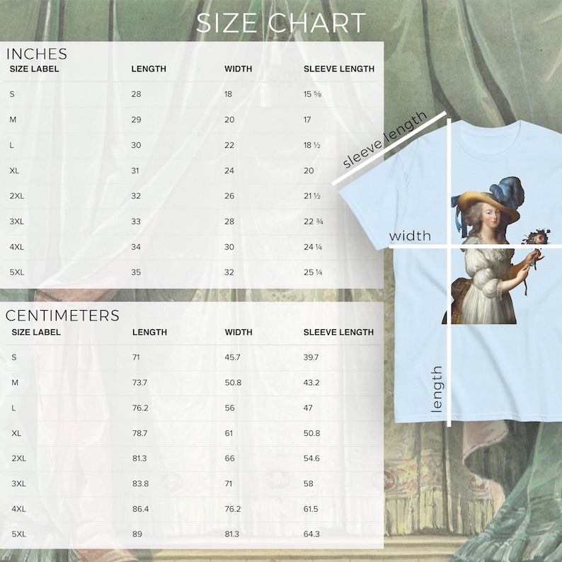 Pode incluir: Tabela de tamanhos para uma camiseta em polegadas e cent&iacute;metros. A tabela mostra a etiqueta do tamanho, o comprimento, a largura e o comprimento da manga em polegadas e cent&iacute;metros. A tabela est&aacute; sobre um fundo branco com uma camiseta azul claro com uma pintura de uma mulher com um vestido azul e um chap&eacute;u.
