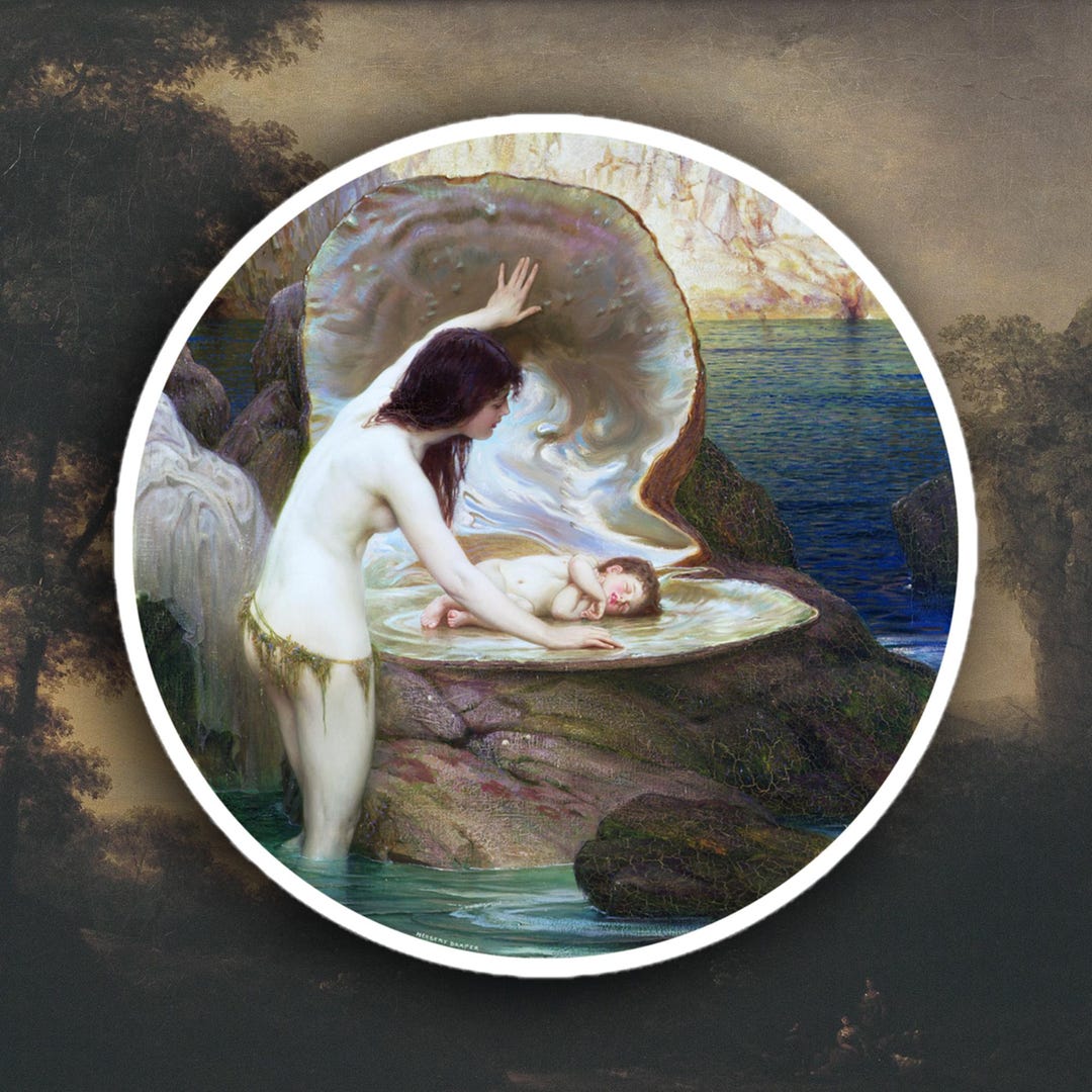 Herbert James Draper - A Water Baby Sticker, Mermaid Aesthetic Sticker ...