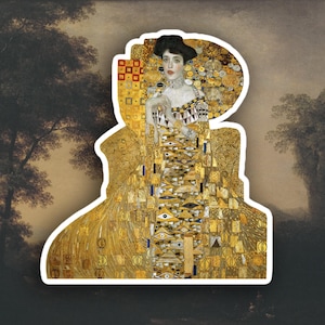 May include: A sticker featuring a portrait of a woman in a gold dress, inspired by Gustav Klimt's art. The artwork has intricate patterns and details, with a white border. The background is a muted, dark landscape.