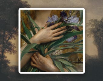 Può includere: Le mani di una donna tengono un mazzo di iris viola con foglie verdi. I fiori sono disposti in uno stile sciolto e naturale, e le mani della donna li cullano delicatamente.