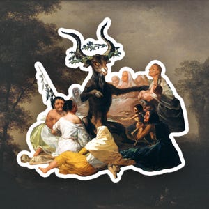 May include: A painting depicting a dark-haired goat with a crown of leaves, surrounded by people in a forest setting. The goat appears to be the center of attention, with people gathered around it.