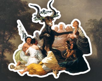May include: A painting depicting a dark-haired goat with a crown of leaves, surrounded by people in a forest setting. The goat appears to be the center of attention, with people gathered around it.