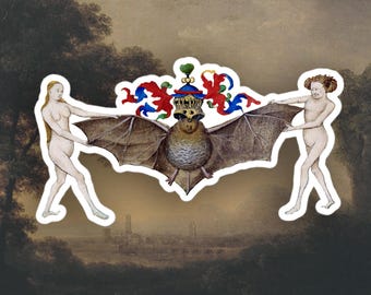 May include: A painting of two nude figures holding a bat with a crown on its head. The bat is brown with a white belly and has its wings spread wide. The figures are standing on either side of the bat and are looking at it. The background is a landscape with trees and a distant city.