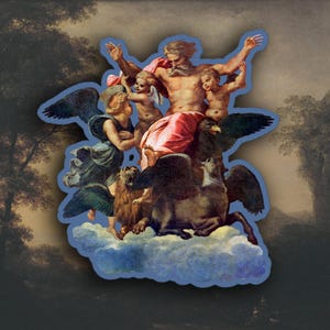 May include: A sticker featuring a classical painting of a bearded man with cherubs and winged creatures. The figures are set against a cloudy background with a blue outline. The artwork has a vintage aesthetic.