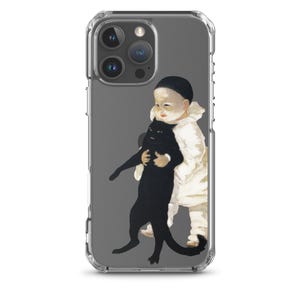 以下が含まれることがあります： 白い服を着た子供が黒猫を抱いている水彩画が描かれた透明な携帯電話ケース。 このアートワークは、柔らかい色と気まぐれなテーマを持つヴィンテージの美学を持っています。 このケースはスマートフォンに合うように設計されています。