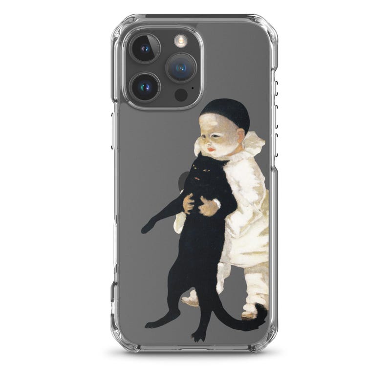 以下が含まれることがあります： 白い服を着た子供が黒猫を抱いている水彩画が描かれた透明な携帯電話ケース。 このアートワークは、柔らかい色と気まぐれなテーマを持つヴィンテージの美学を持っています。 このケースはスマートフォンに合うように設計されています。