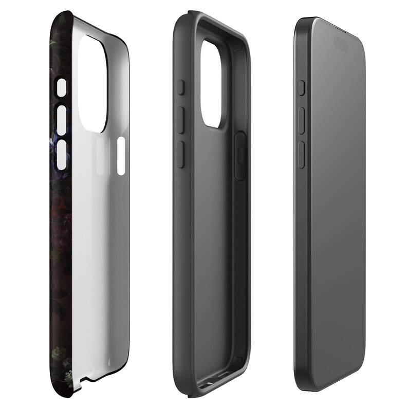 Puede incluir: Una funda de tel&eacute;fono negra con un dise&ntilde;o floral colorido. La funda se muestra desde tres &aacute;ngulos diferentes: frontal, posterior y lateral. La funda est&aacute; hecha de un material duradero y tiene un dise&ntilde;o elegante.