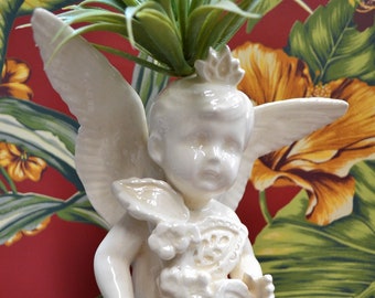 Handcrafted Ceramic Angel Vase: Goth Steampunk Art on Metal Stand