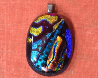 Vintage dichroic oval glass foil pendant , colorful turquoise, red and blue , foil jewelry
