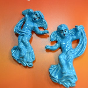 Hand crafted by me -Ceramic Decorative angel wall Tiles for home decor , pop of color, bright blue angels with cute funny faces ,ooak