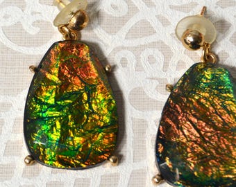Vintage dichroic foil post earrings , colorful green and gold tear drop , foil jewelry