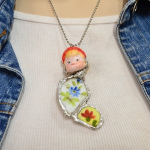 Eclectic ceramic Jewelry made from Reclaimed Vintage Figurine , China Plates,unique OOAK , handcrafted, upcycled pendant and 24 &quot; necklace