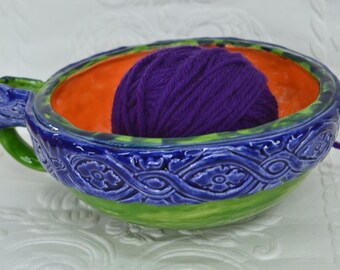 Cuenco de cerámica para lana pintado a mano, organizador de crochet para tejer a mano