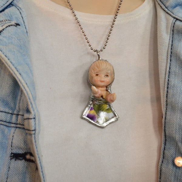 Always a FREE random broken plate pendant included,Broken China Jewelry made from Reclaimed Vintage Figurine ,handcrafted, 24 "ball chain