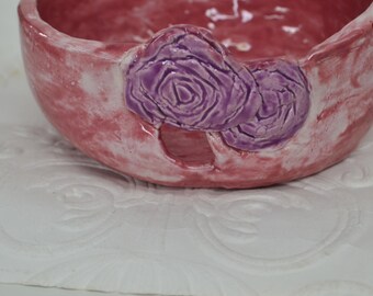 Cuenco de cerámica para lana, diseño de rosas azules y rosadas, organizador para tejer y crochet