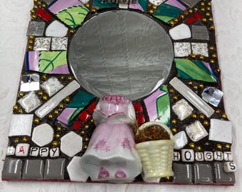 Handcrafted accent mosaic mirror with vintage figure-- add your face ooak , Barbie not included