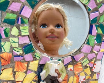 Handcrafted accent mosaic mirror with vintage figure-- add your face ooak, Barbie not included