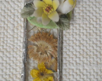 Antique porcelain doll head Pendant with Yellow Pressed Flowers necklace jewelry,includes FREE pendant