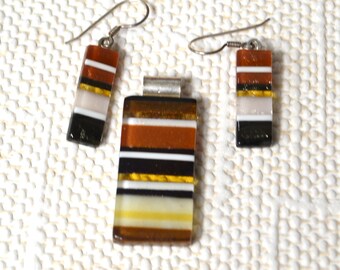 Vintage Fused glass hanging earrings and pendant set rectangular, brown black and white stripes