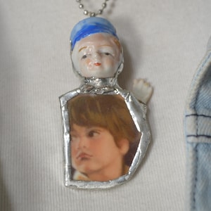 Broken China Jewelry , Vintage Figurines , boys figurine head, broken China plate body, handcrafted  OOAK jewelry, pendant necklace