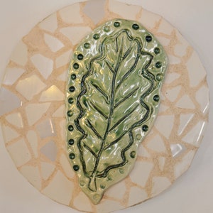 Handcrafted Ceramic tiles,  green Oak tree leaves for stepping stones, backsplashes, fire places ,indoor outdoor- 2 oak leaves- tiles only