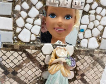 Handcrafted accent mosaic mirror with vintage figure-- add your face ooak ,  Barbie not included