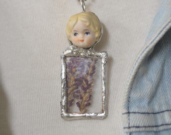 Antique ceramic  doll head Pendant with Purple Pressed Flowers necklace jewelry,includes FREE pendant