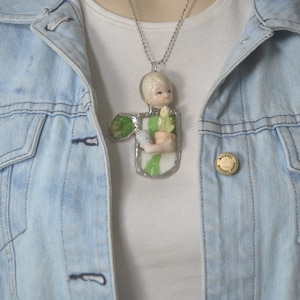Broken China Jewelry, Vintage figurines and broken China plate pendant and Necklace, Green thumb ,growing plants
