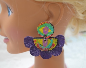 Handcrafted painted leather pierced earrings OOAK Jewelry