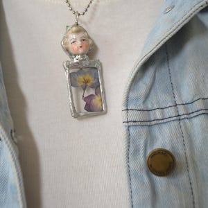 Broken China soft solder Pendant Necklace,made from Reclaimed Vintage Figurine, purple, blue pressed flowers in glass,handcrafted,Ships FREE