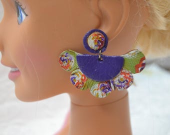 Handcrafted painted leather pierced earrings OOAK Jewelry