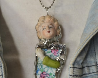 Vintage China doll head Pendant Necklace,includes FREE GIFT Handcrafted OOAK Jewelry